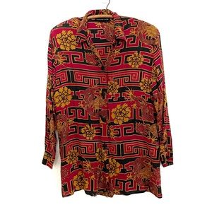 Vintage Silk Dragon Asian Print Button Down Shirt Oversized Longline Size Small